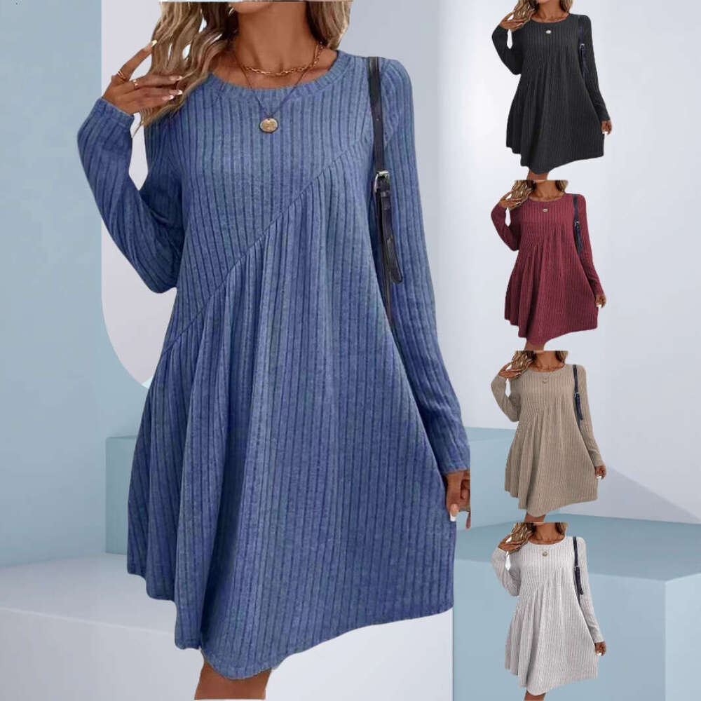 2025 Amazon Independent Station Autumn Winter Bohemian Irregular Brushed Ribbed Solid Color Dress Women's Fashion