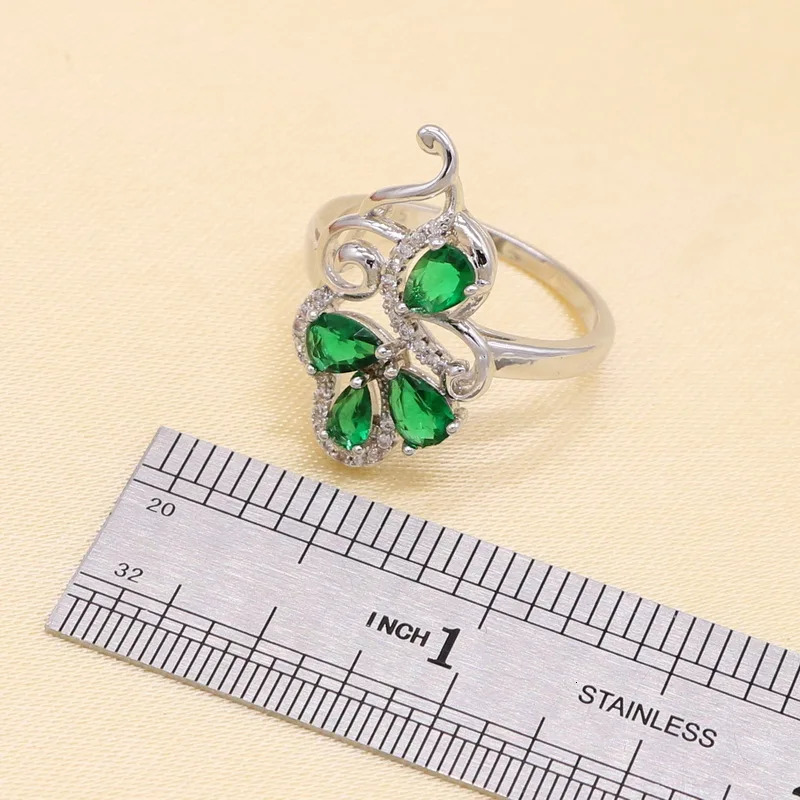 925 Sterling Silver Green Stones Cubic Zirconia Jewelry Sets For Women EarringsPendantNecklaceRingBracelet 250409