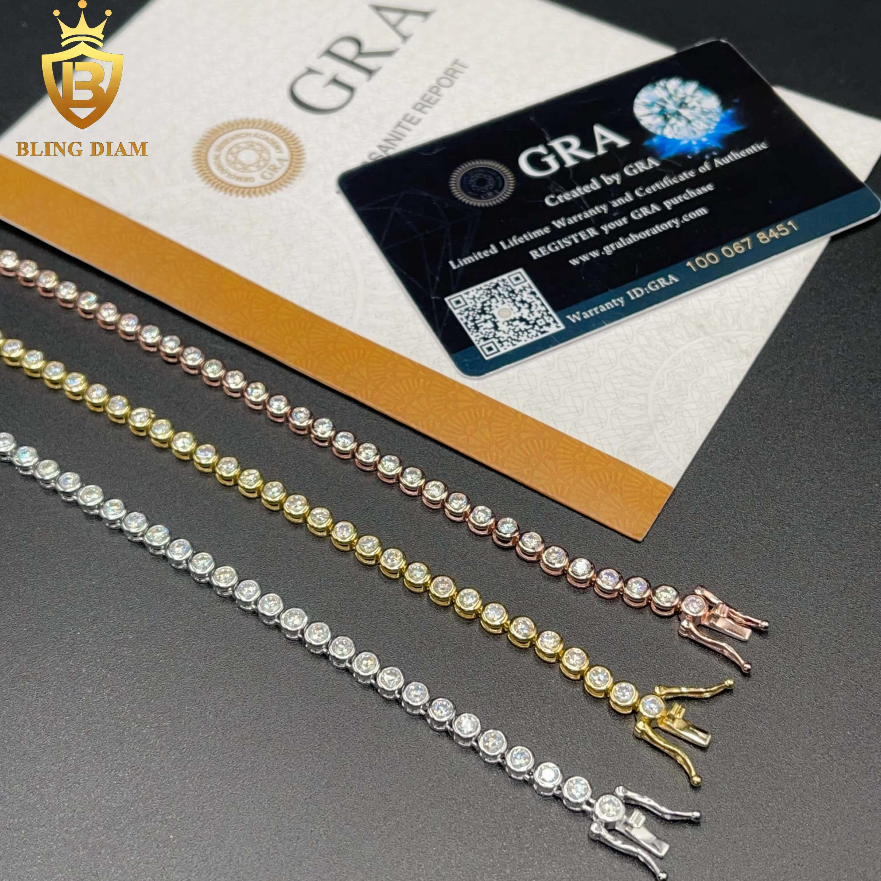 Blingdiam Jewelry 925 Silver Gold Plated VVS Moissanite Pass Diamond Tester Tennis Chain 3mm Bracelet Necklace