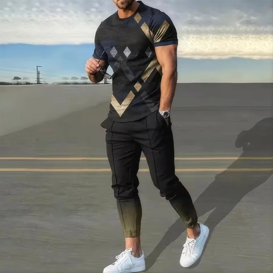 Summer Mens Sweatshirt 3D Printed Short Sleeve T-shirt Long Pants Street Wear 2-piece Set 250410