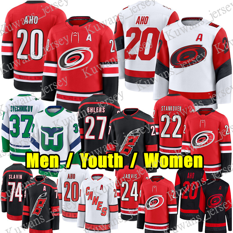 #20 Sebastian Aho Reverse Retro hockey jersey #37 Andrei Svechnikov Brent Burns Frederik Andersen Staal Martin Necas Ron Francis Jaccob Slavin Seth Jarvis jerseys