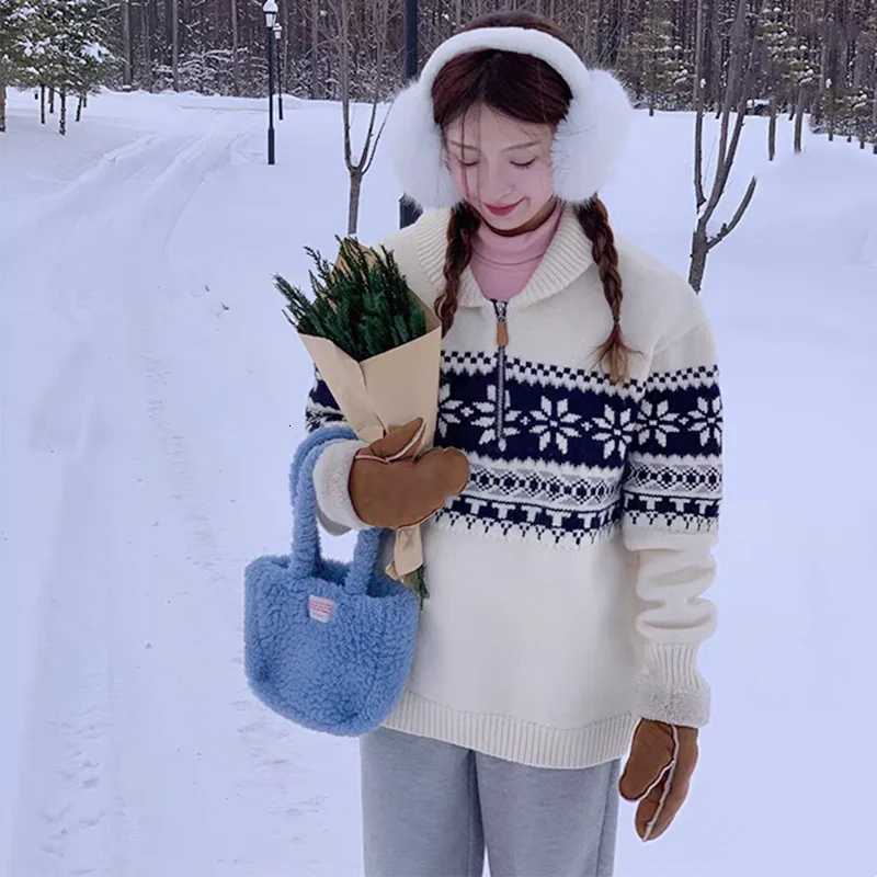 Fashion Winter Jacquard Loose Casual Knitted Pullover Top Retro Zipper Lapel Sweater Women Autumn Korean Sweet Long Sleeve Knitwear Y251110