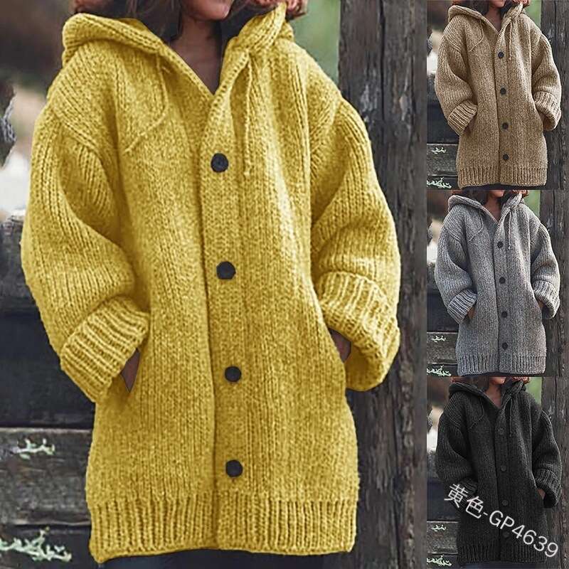 In Stock European and American Hot-Selling Women's Mid-Length Sweater New Cardigan Hooded Jacket