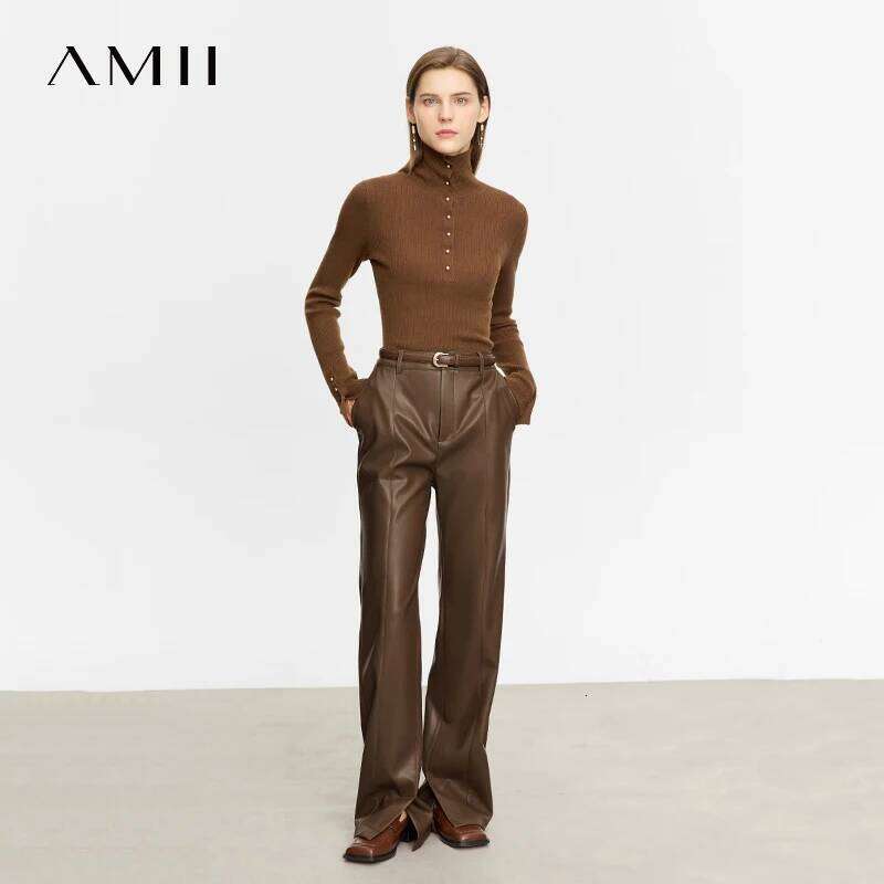 AMII Minimalist PU Leather Casual Pants For Women 2025 Autumn New Loose Floor Length Straight Slit Female Trousers 12343250