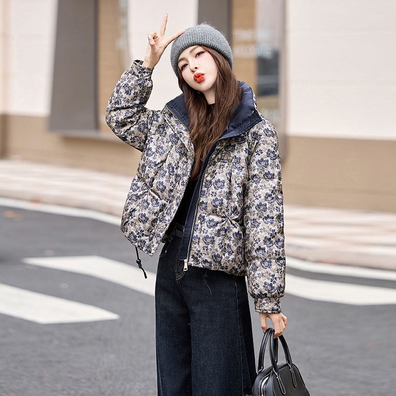 Women's down jacket winter new item women's 90 white duck down jacquard stand up collar fashionable warm designer jacket