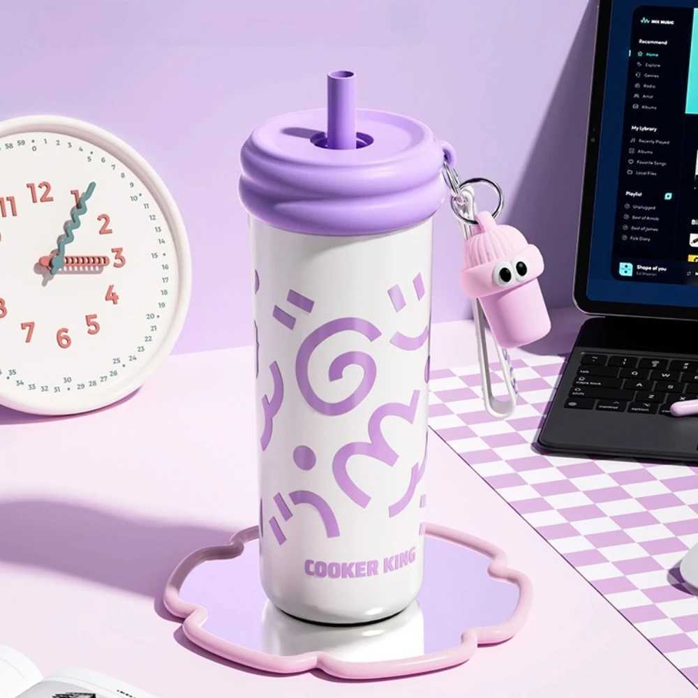 Fashionable cup COOKER KIN Children Cute 316 Stainless Steel Thermos Cup Student Kit Portable 600ml Large Capacity Straw Cup ple Y251110