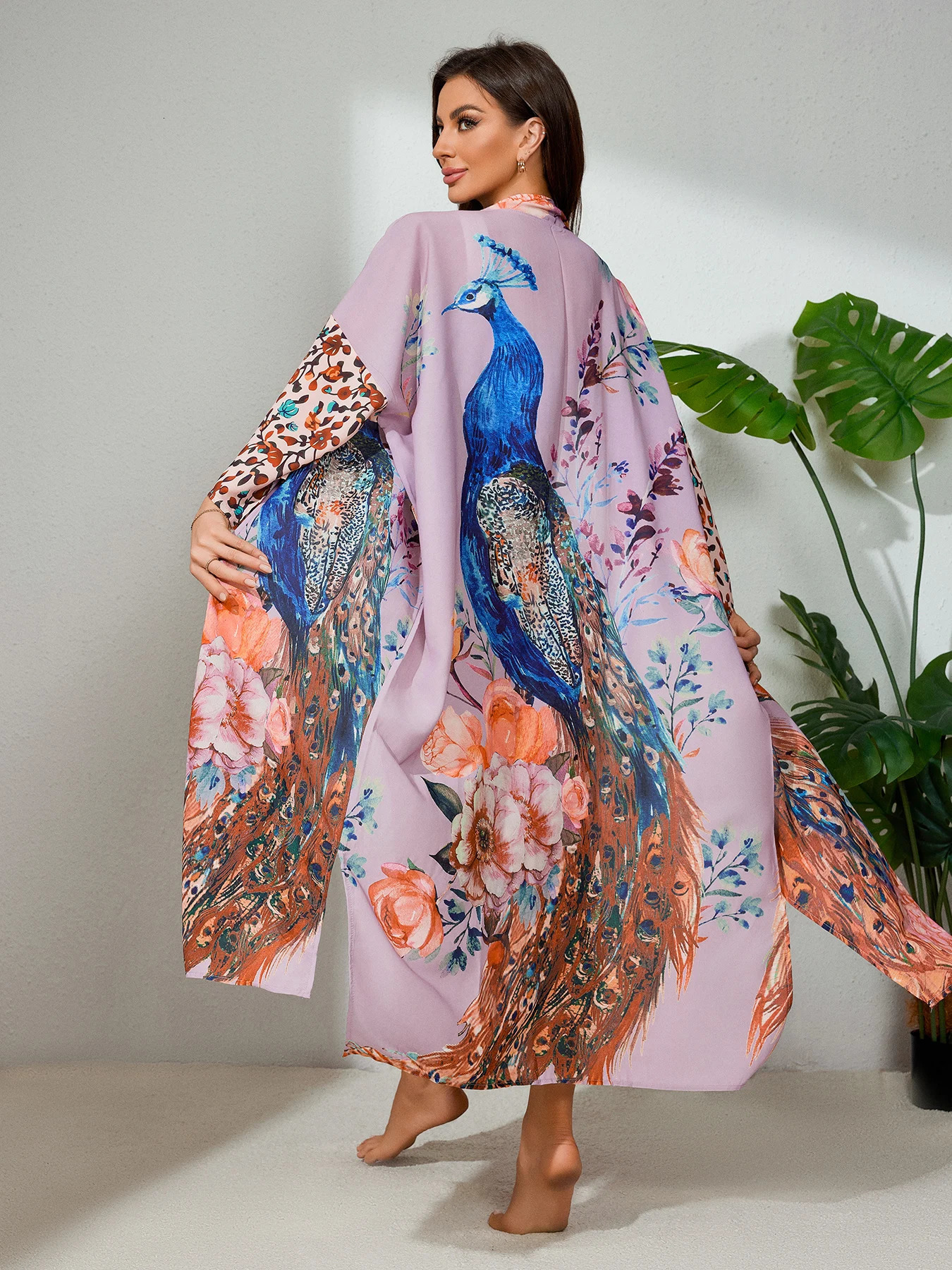 Peocock printed beach cover Ups kimono cardigan with waist belt wrapped dress Summer holiday bathroom set 250408