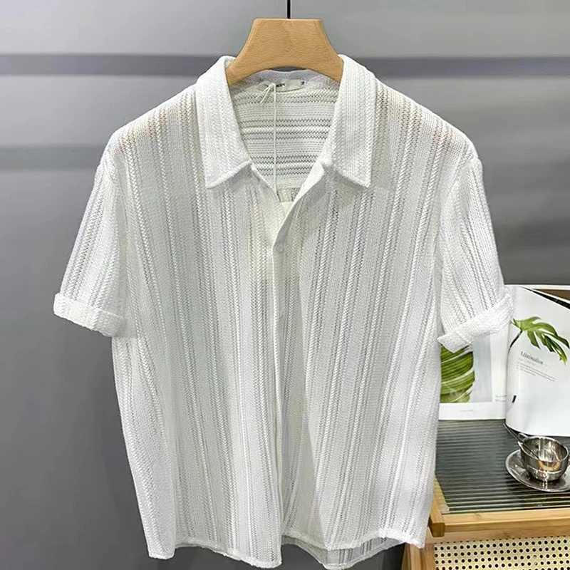 Summer Knitted Hollow Short Sleeve Mens Thin Breathable Trend Ruffle Handsome French Luxury Dress Hawaiian Mens Shirt X250410