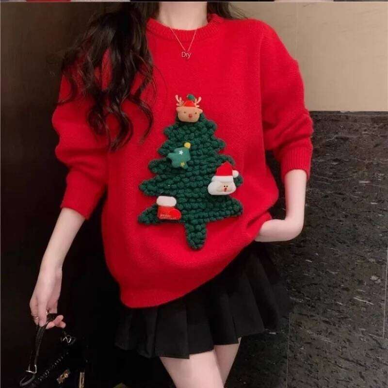 Autumn Winter Women Red Sweet Chic 3D Christmas Tree Knitted Sweater Casual O Neck Long Sleeve Pullover Tops Female Loose Jumper Designer Sweater Wome