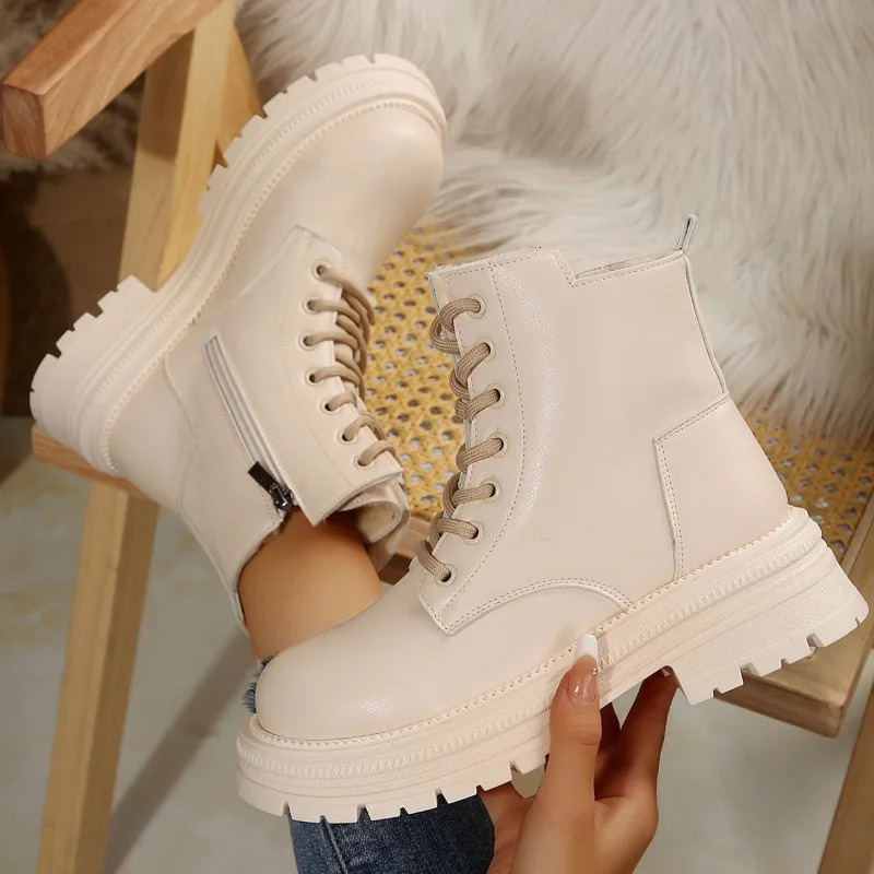 Pu leather warm motorcycle boots womens lace plush winter ankle boots womens bag beige flat shoes anti slip cotton Botas cream 250402