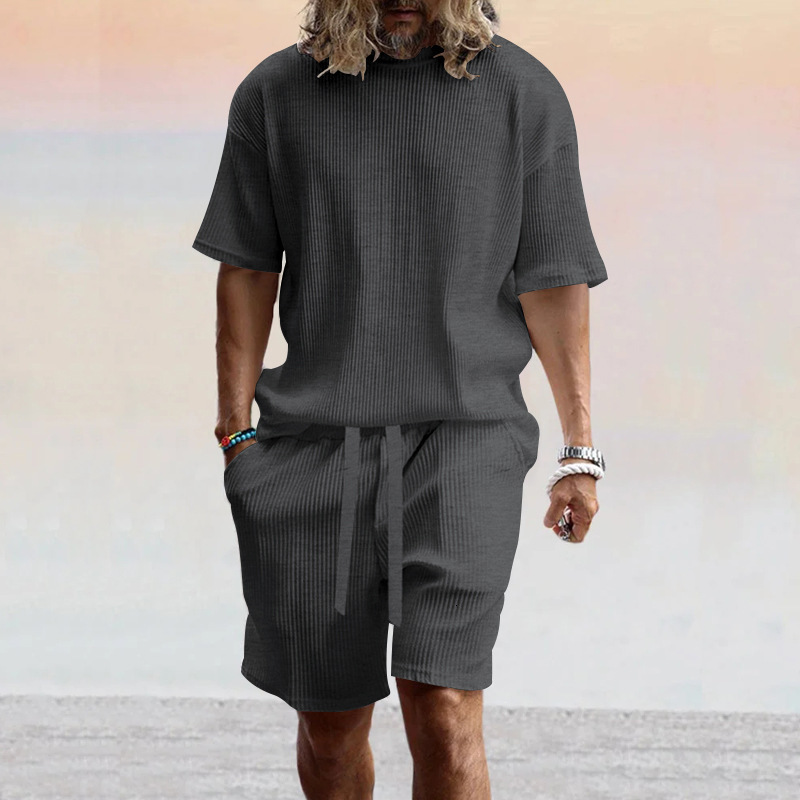 2025 Summer Ice Silk Breathable Pit Strip Short Sleeve Shorts Set Solid Color Male
