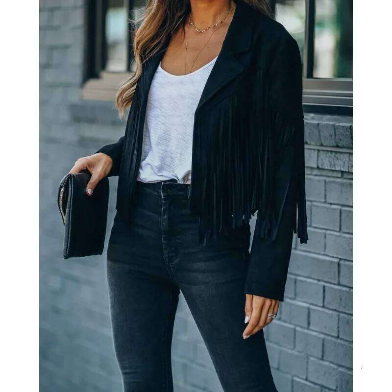 Fashion Winter Women Fringed Hem Tassel Cardigan Crop Topsr Suede Leather Jacket Vintage Streetwear Cool Coat