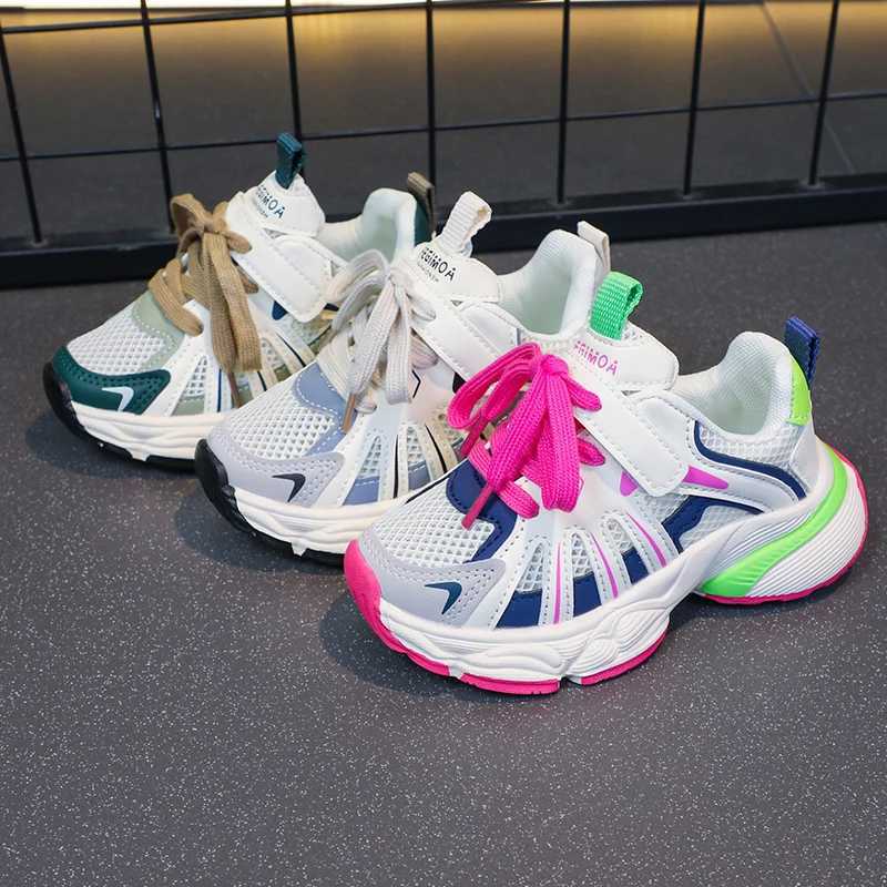 Girls Color Block Mesh Breathable Chunky Shoes Comfy Non Slip Lace Up Durable Sneakers For Kids Outdoor Activities W251110