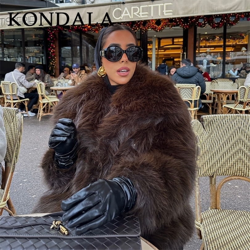 KONDALA Fall Winter Casual Faux Fur Brown Women Warm Jackets Streetwear Turn Down Collar Christmas Oversized Elegant Coats 251106