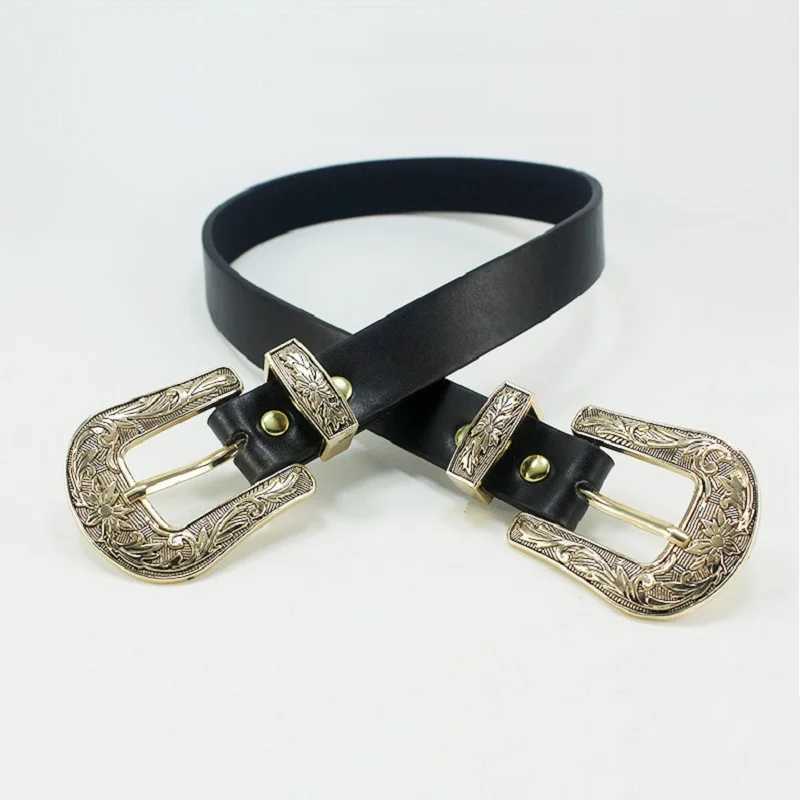 Fashion Retro Belt Carved Design Luxury Brands Metal Leather Belts for Wen Double Buckle Waist Baistband Fem X250410