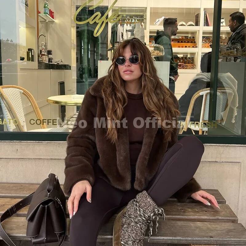 Neo Mint Cool Street Girls Fashion Brown Faux Jacket Women Luxury Fake Mink Fur Coat 2025 Autumn Winter Warm Short Overcoat