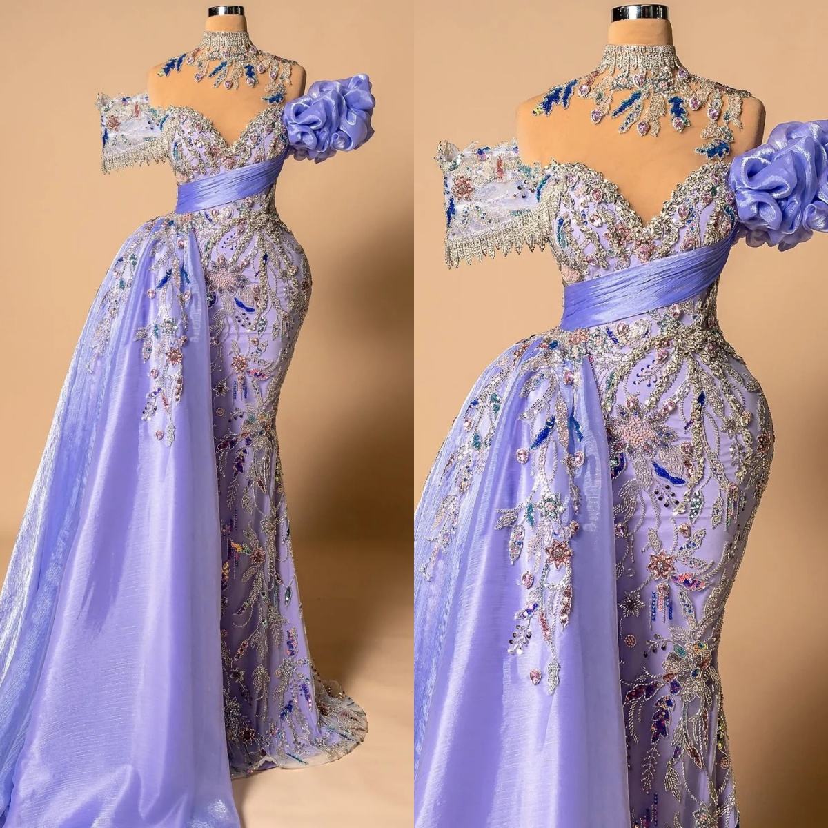 Gorgeous Evening Dresses For Women Crystal Sequins Appliques Gown High Neck Off Shoulder Sweep Train Dress Party Custom Made