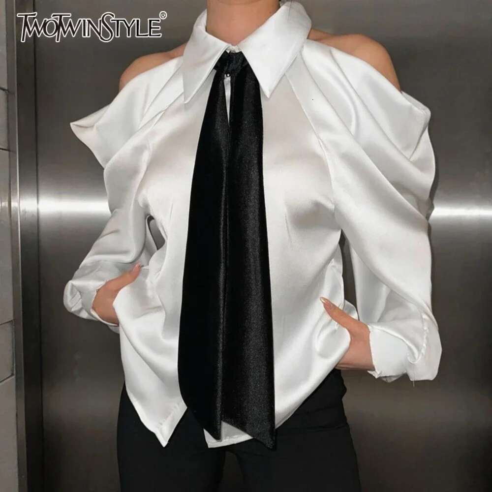 TWOTWINSTYLE Solid Loose Spliced Hollow Out Blouse For Women Lapel Long Sleeve Patchwork Single Breasted Top Female Clothing New