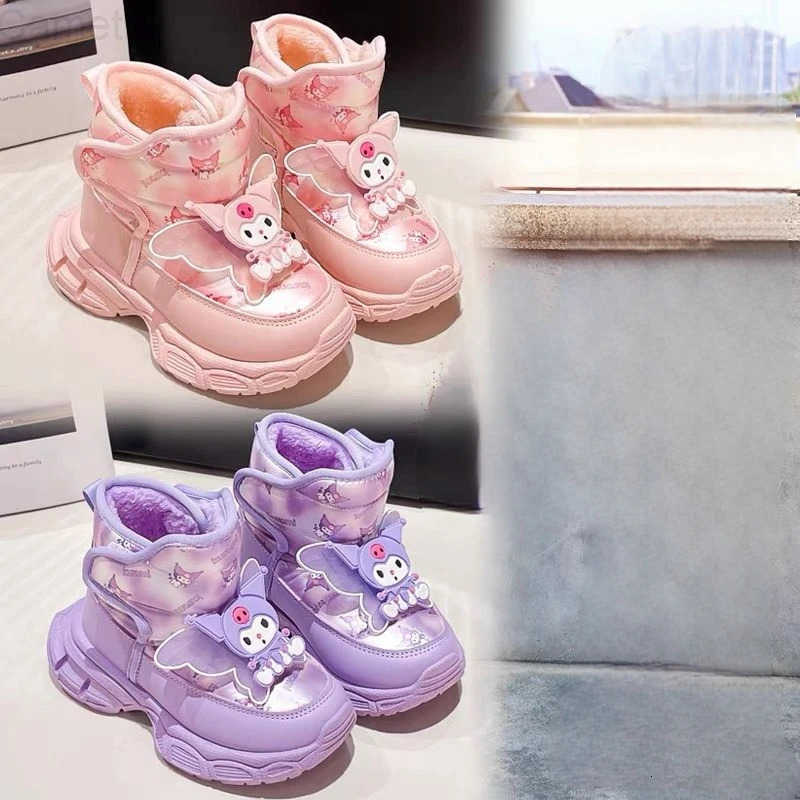 Sanrio KidsCasual Shoes Boots Kuromi PU Leather Winter Running Shoes For Children Anti-slip Keep Warm Designer Purple Pink Size 26-37 H251110