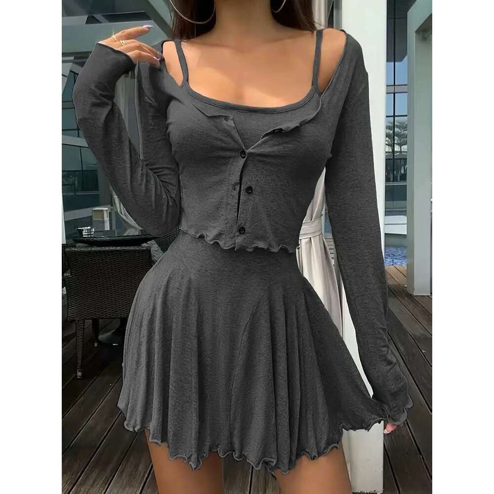 Sweet Spicy Girl for Women Retro Simple Cardigan Jacket Layered Summer Strap Dress Two-Piece Set European and American Style