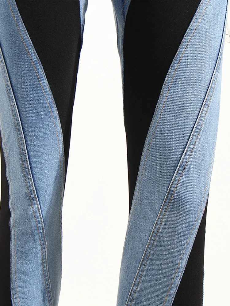 Fashion Designer Color Block Womens Jeans Slim Deconstruct Panelled Patchwork High Waist Split Blue Long Denim Pants Autumn C251110
