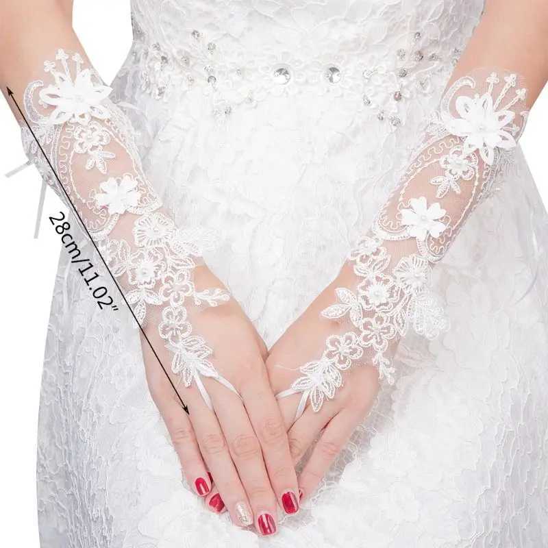 Women Wedding Short Fingerless Gloves Embroidery Lace Imitation Pearl Flower Applique Ribbon Bowknot Bridal Mittens L251110