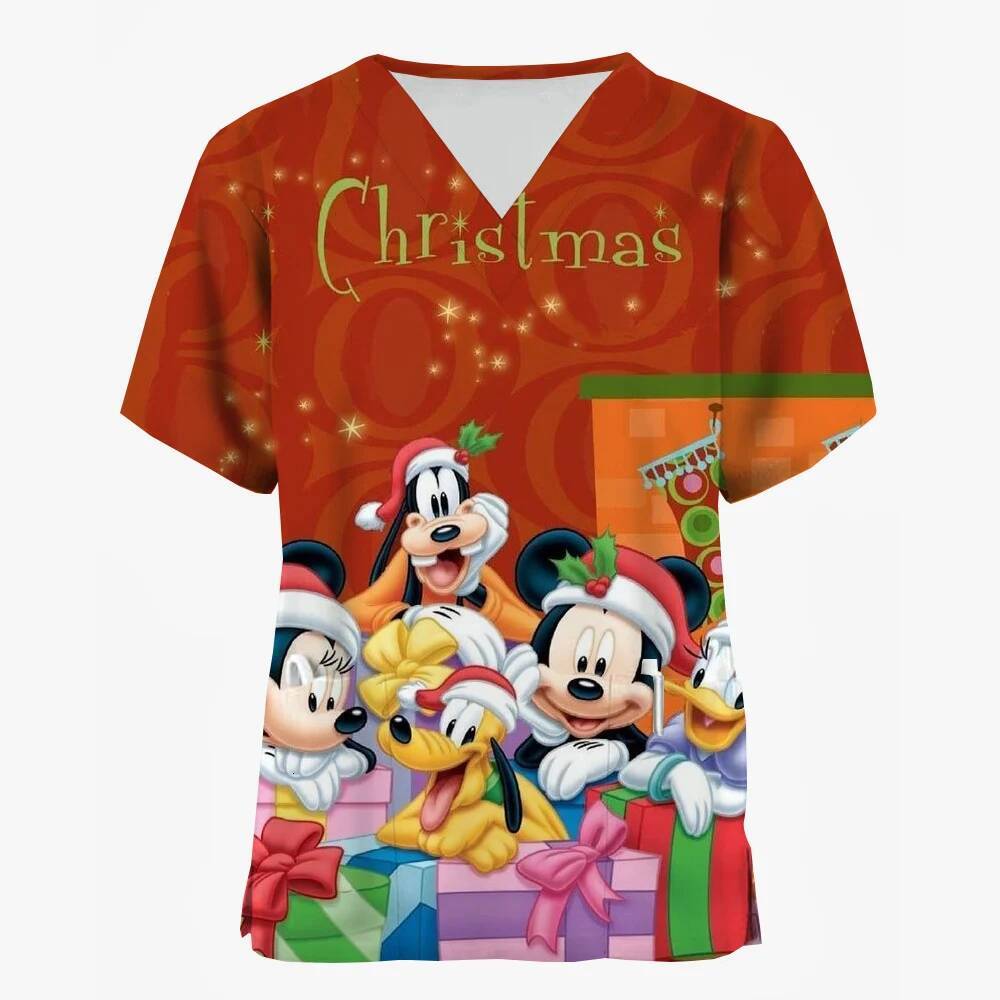 Ddmytues Christmas Mouse Print Nurse Men's And Women's Frosted Short Sleeved Pocket Work Uniform Medical Care Top