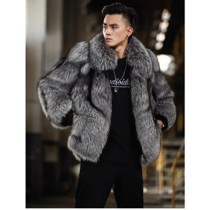 Mens Autumn Winter Fluffy Business Casual Silver Fox Fur Jacket Faux Fur Coats Fashion Charming Warm Tops 251105