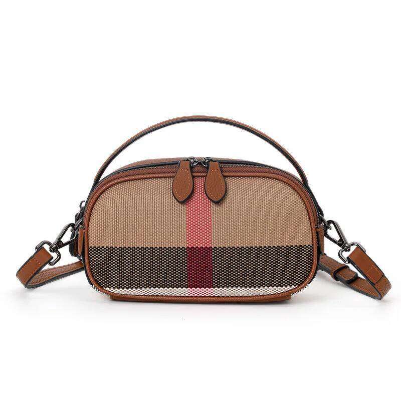Crafted From Canvas Cowhide Material, Aidrani's Brown Checkered Round Women's Single Shoulder Crossbody Bag