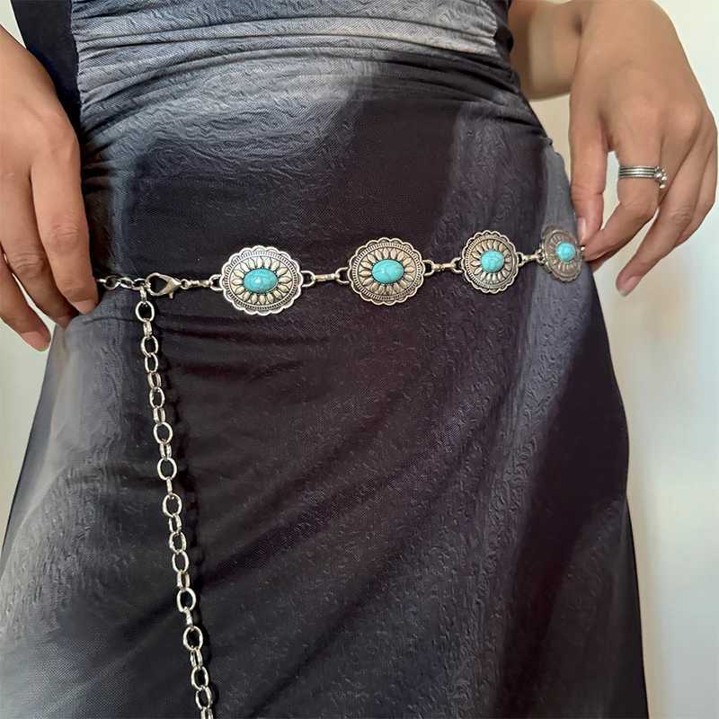 Fashion Silver Bohen Fem Round Waist Chain Luxury Blue Gemstone Elliptical Chain Belt Suitable for Womens Clothing X250410
