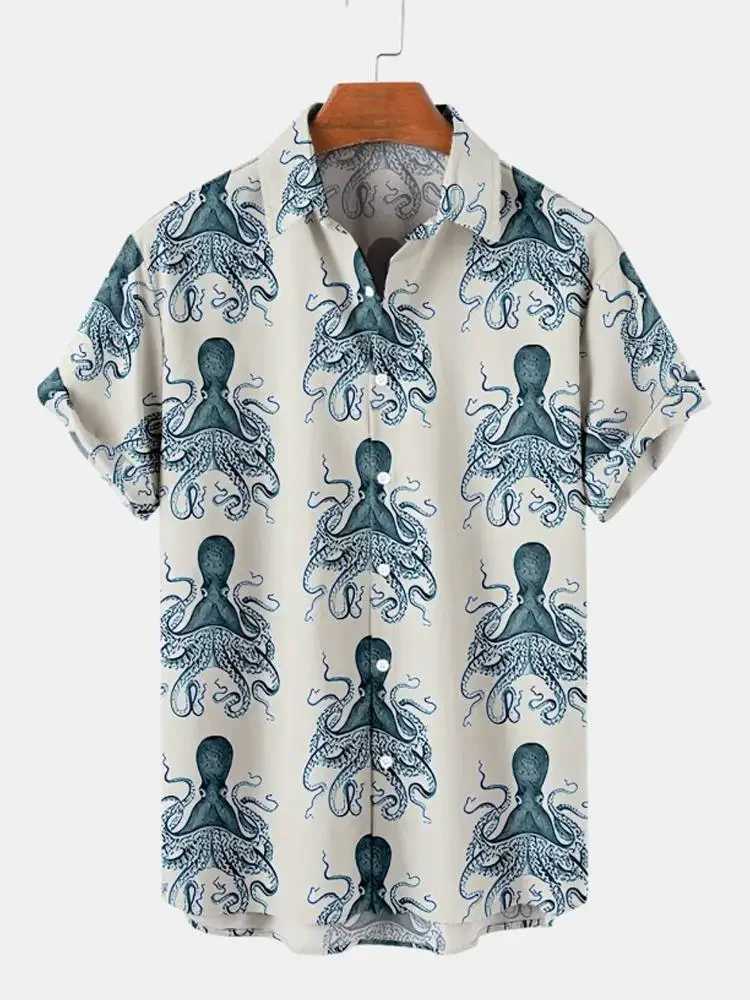 Summer mens octopus print shirt short sleeved Hawaiian beach animal cartoon pattern casual shirt X250410