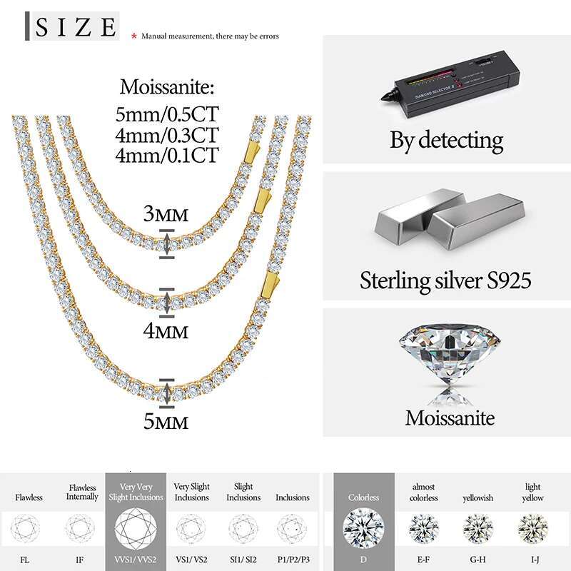 High-Quality VVS1 Iced Out Moissanite Tennis Necklace S925 Sterling Silver Diamond Necklaces For Men Women Pass Diamonds Test