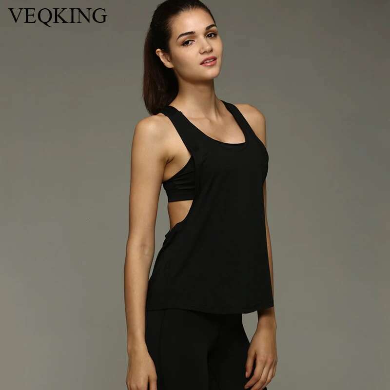 VEQKING Shirts Low Neck T-Back Sports Vest Yoga Crop Top Women Tank Quick Drying Gym Fiess Work Out Tops