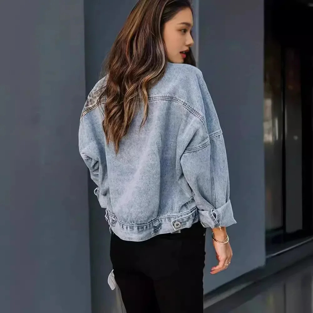 Cross border denim jacket womens long sleeved independent European and American style denim jacket womens leopard print 250409