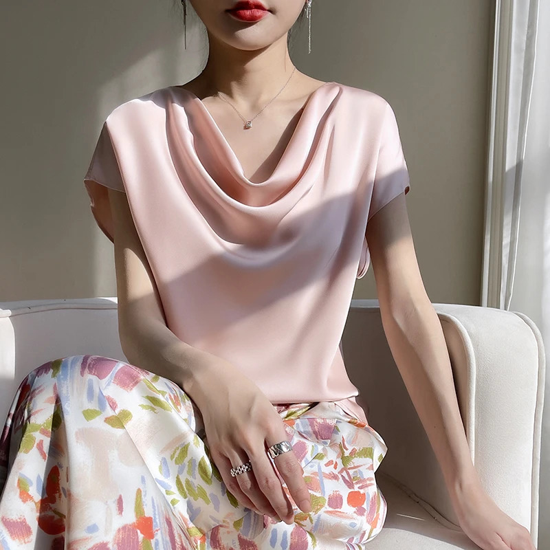 Summer satin short sleeved T-shirt suitable for women loose dress and acetate bottom shirt 250410