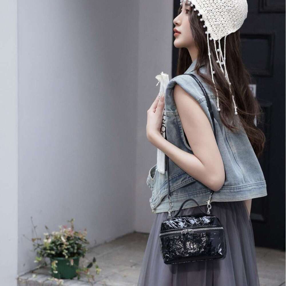 Leather Women S New Top Layer Wrinkled Lacquer Cowhide Lunch Box High End Handbag Single Shoulder Crossbody Bag High Quality