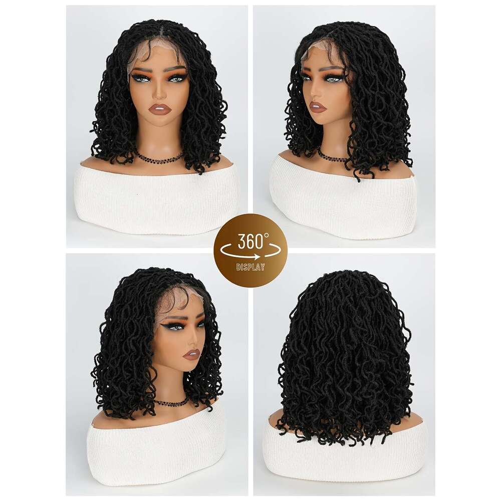 Full Lace Faux Locs Short Afro Curly Dreadlock Wig Glueless Knotless Box Braids Flame Retardant Lightweight + Pre-Plucked Hairline Natural Fluffy For 
