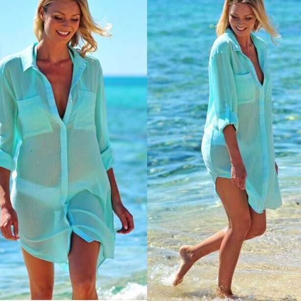 In Stock New European and American Style Wrinkle Fabric Two-Pocket Hidden Button Beach Cover-Up Bikini Shirt Swimsuit