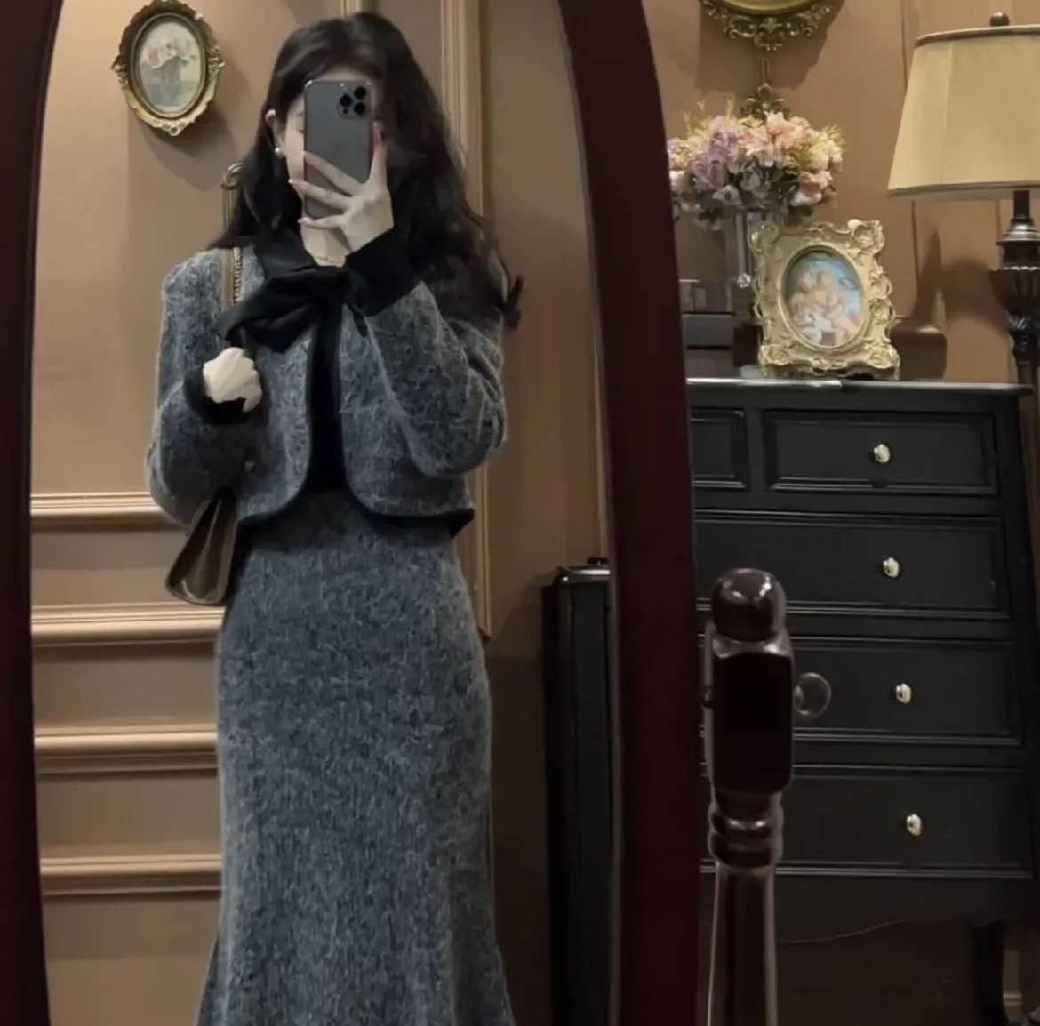 Women Tweed Vintage Suit Blazer Jackert Coat Skirt Two Piece Set Matching Outfit Winter Ladies Work Prom Party Clothing Female W251110