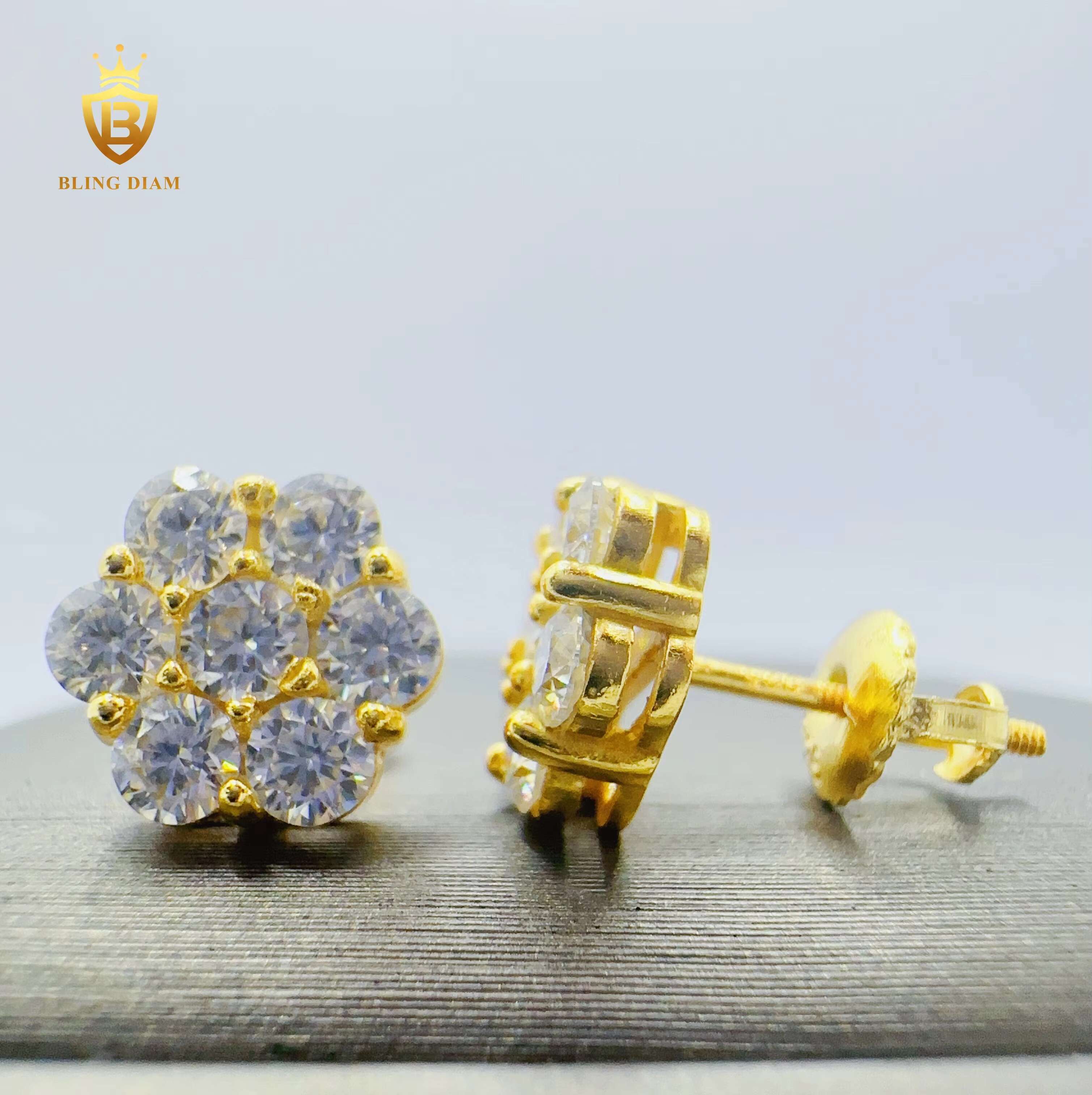 Blingdiam Jewelry Fashion Flower Design 8mm Earrings VVS Moissanite Hip Hop Stud Earrings for Women