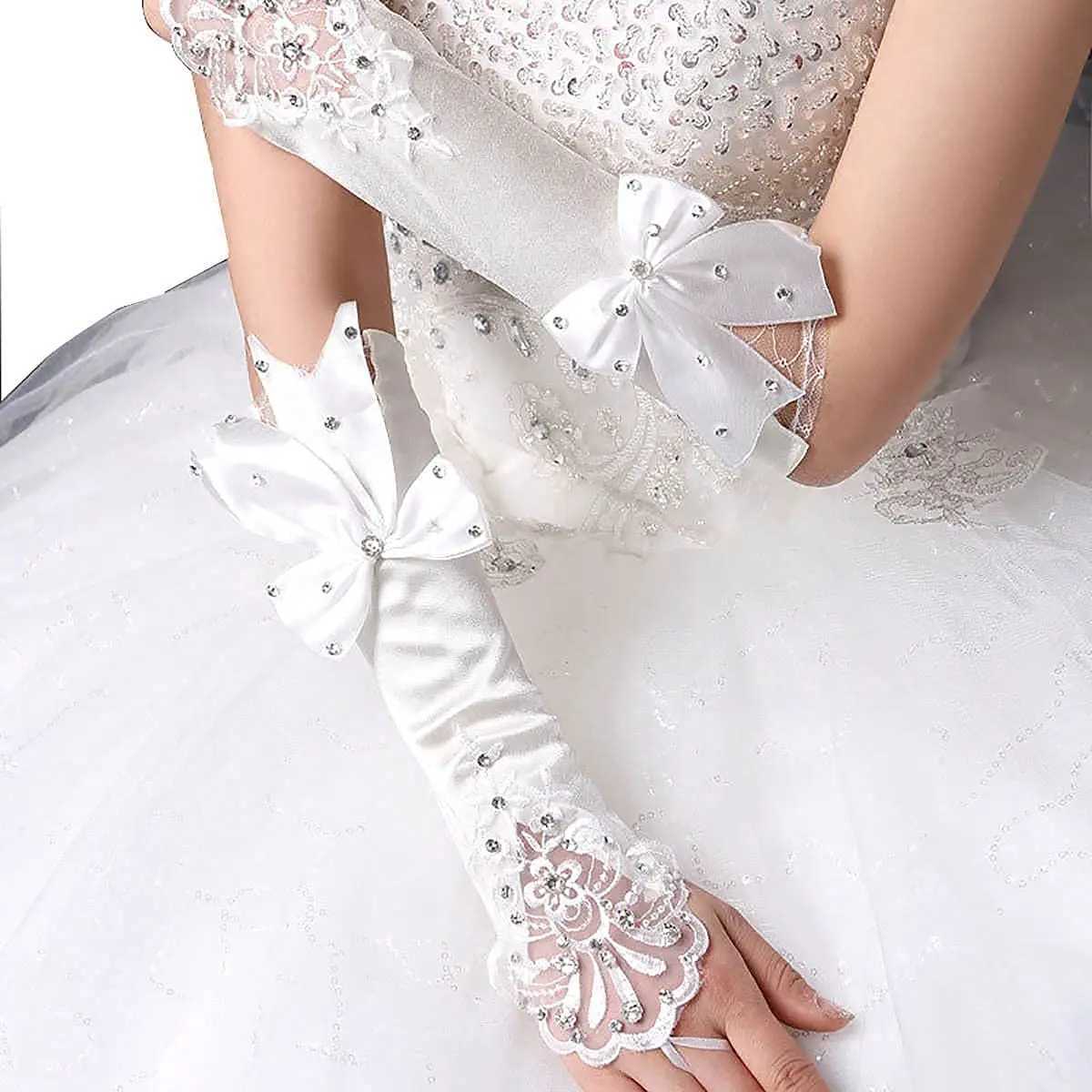 Satin Long Womens Wedding Gloves Ivory Fingerless Lace Bridal Crystal Bow Flower for Bride Rhinestone Accessory L251110