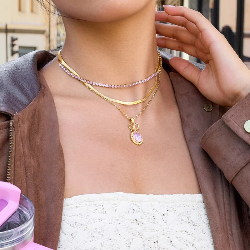 Jewellery High Quality Vintage Dainty Pink Gemstone Bow Pendant Necklace with Oval Cut Zircon Court Style for Special Occasions Gift Textured Elegant 