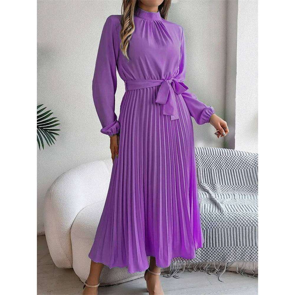 Msfilia Elegant Stand Collar Spring Summer Solid Long Women Full Sleeve High Waist Design Pleated Dress