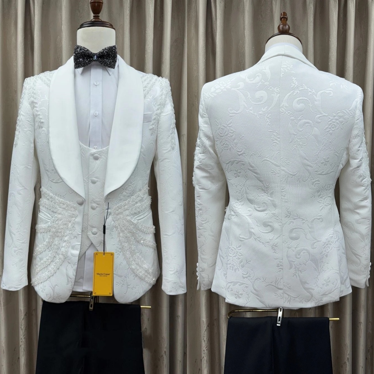 Fashion Men's Jacket Appliques Blazer 2 Pieces Set Shawl Lapel Jacquard Outfits Coat One Button Customized Jacket+Black Pants Plus Size