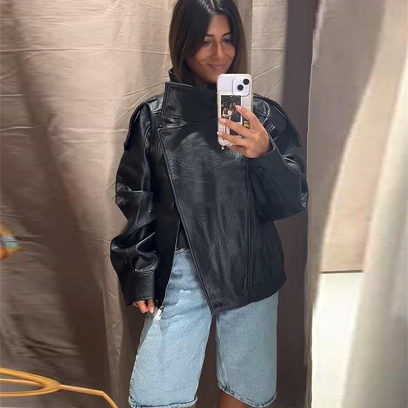 Street Stand Collar Womens Leather Jacket Loose Long Sleeve Zipper Pockets Chic Female Coats Autumn Winter Lady Outerwear 251105