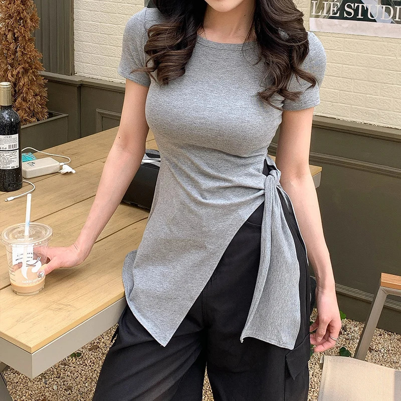 fashion irregular bandage womens T-shirt summer casual O-neck short sleeved ultra-thin T-shirt womens fashion jacket top 250410