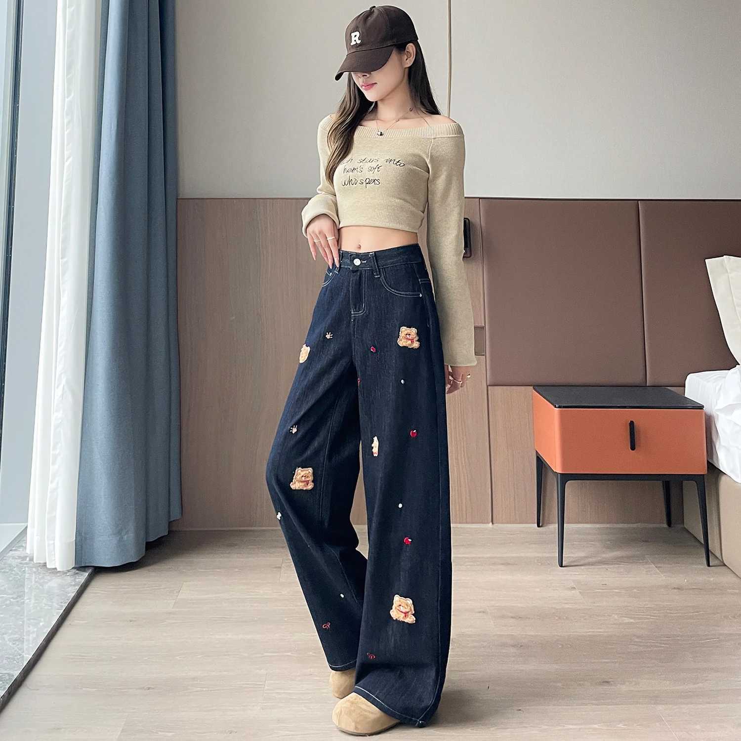 Womens Dog Embroideried Wide Leg Jeans Lady Spring Autumn High Waist Loose Straight Long Jeans C251110