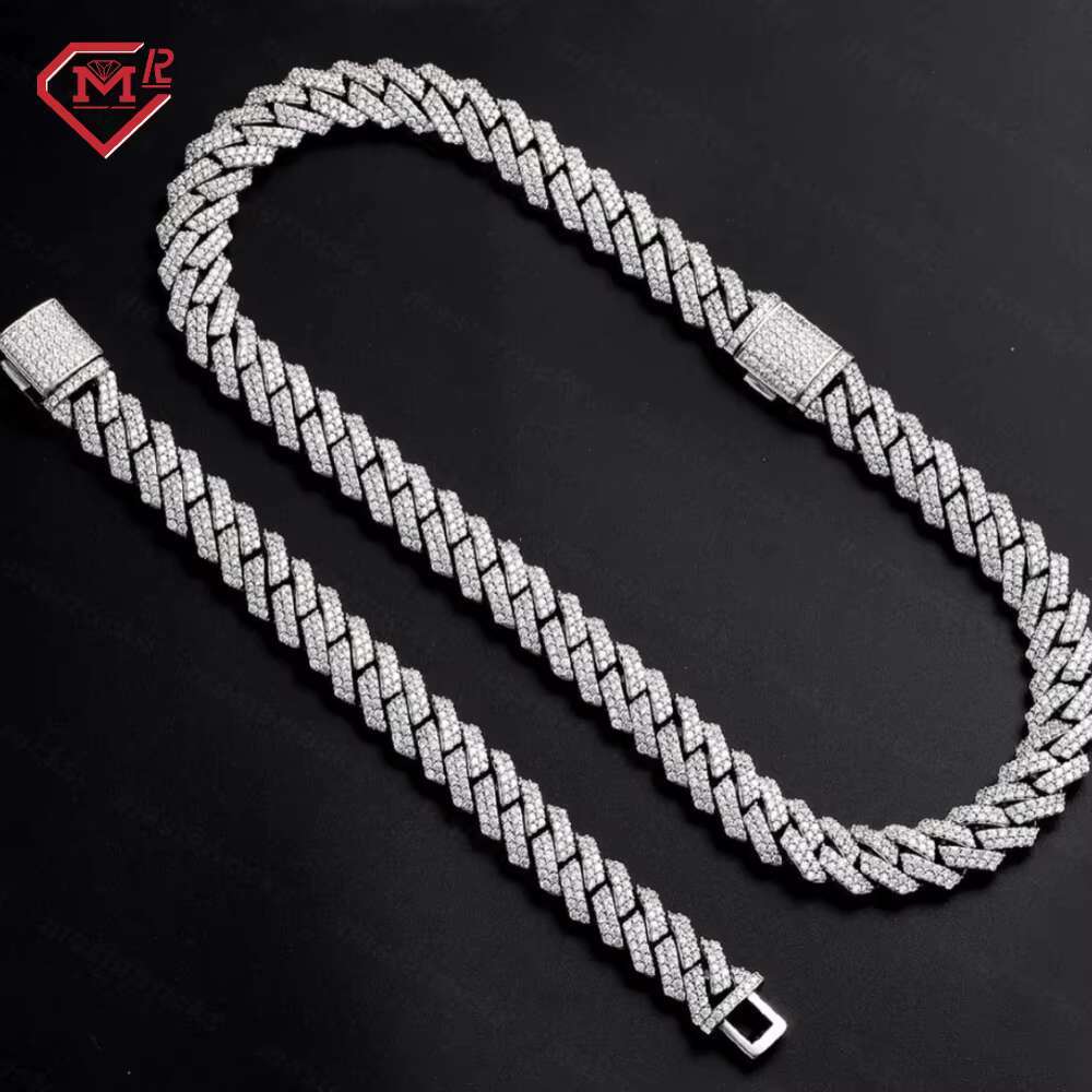 Iced Out Hip Hop 2 Rows Cuban 12mm 925 Sterling Silver VVS Diamond Moissanite Cuban Link Chain for Men