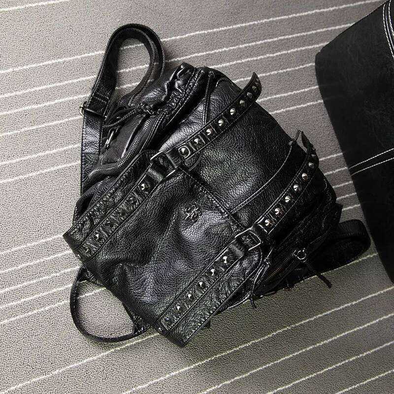 SHELKSBAG Iris Punk Gothic PU Leather Woman Backpack High Quality Rivet Studded Adult Back Packs Large Capacity Black School Bag