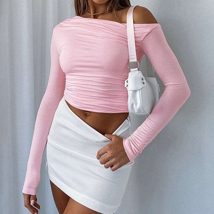 European and American Cross-Border Women's Fashion Autumn INS New Solid Color Asymmetrical Long Sleeve Ruched Crop Top T-Shirt for Women